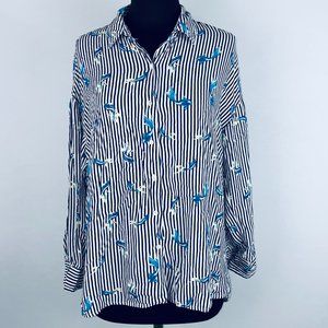Grifflin Striped Button Down Koi Fish Theme Top S